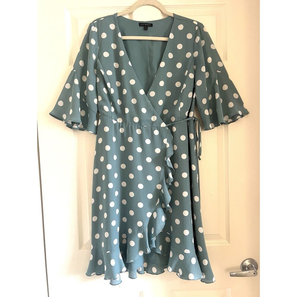 Lily Black Sage Green Polka Dot Wrap Dress Size M Ruffled Cottagecore Prairie